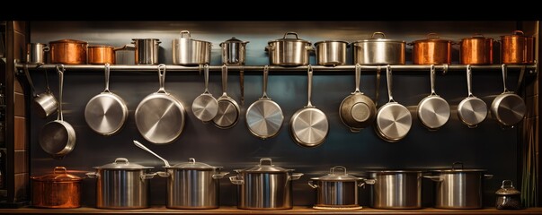 shiny stainless steel pots and pans in a professional restaurant kitchen setting