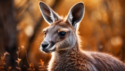  a close up of a kangaroo in a field of tall grass with a blurry background of trees and bushes.