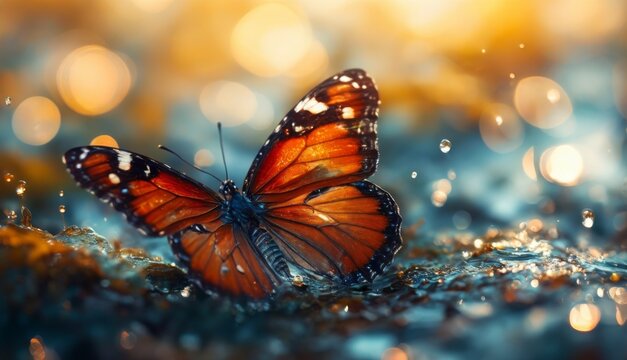  a close up of a butterfly on a surface with drops of water on the ground and a blurry background.