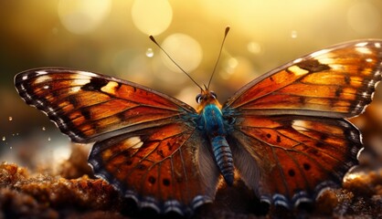  a close up of a butterfly with a blurry background and boke of light coming from the top of the wings.
