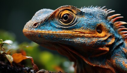  a close up of a lizard's face with leaves in the foreground and a blurry background in the background.