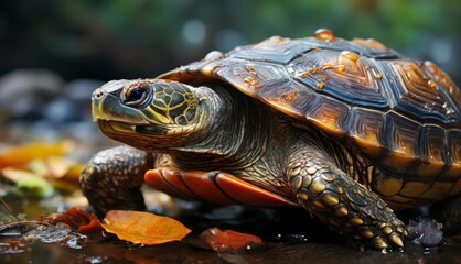  a close up of a turtle on the ground with leaves on the ground and a blurry background behind it.