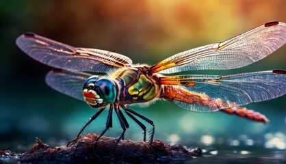  a dragonfly sitting on top of a rock next to a body of water with a city in the background.