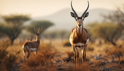  a couple of antelope standing next to each other on a dry grass field with trees in the background. - obrazy, fototapety, plakaty