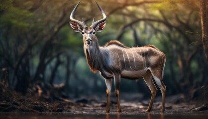  an antelope is standing in the middle of a swampy area with trees and bushes in the background. - obrazy, fototapety, plakaty
