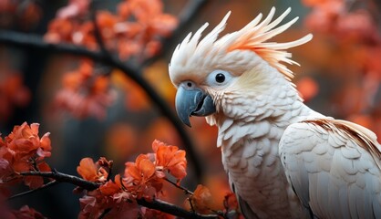  a close up of a bird on a tree branch with flowers in the foreground and a blurry background.