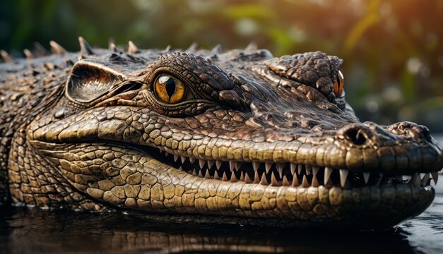  a close up of an alligator's head in a body of water with trees and bushes in the background.