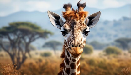  a close up of a giraffe's face in a field of grass with trees in the background.