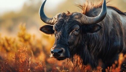  a close up of a bull with long horns in a field of tall grass with trees and bushes in the background.