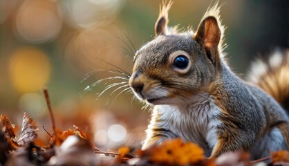  a close up of a squirrel sitting on top of a pile of leaves with a blurry background of leaves.