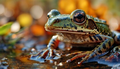  a close up of a frog sitting on top of a body of water with grass and flowers in the background.