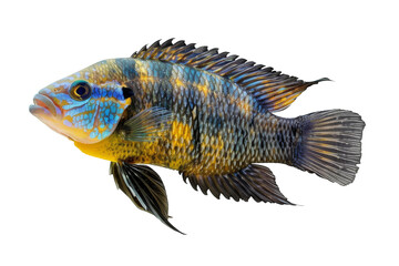 A blue and yellow fish gracefully swims across a white background