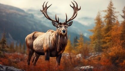  a close up of a deer in a field with trees in the background and a mountain range in the background.