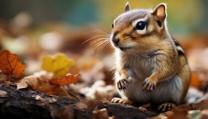  a small squirrel standing on its hind legs in a pile of leaves with a blurry background of leaves on the ground.