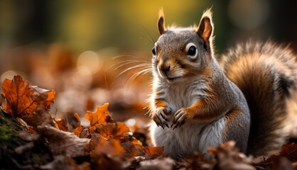 Naklejka na ściany i meble a squirrel standing on its hind legs with its front paws on it's hind legs in a pile of leaves.
