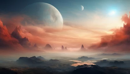 Foto op Canvas  an artist's rendering of a landscape with mountains and a body of water in the foreground and a distant planet in the background. © Jevjenijs