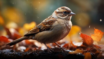  a small bird sitting on top of a pile of leaves on top of a pile of brown and orange leaves.