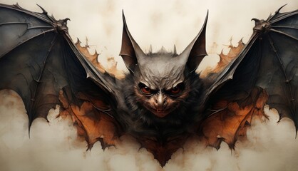  a close up of a bat with red eyes and a demon like look on it's face and wings.