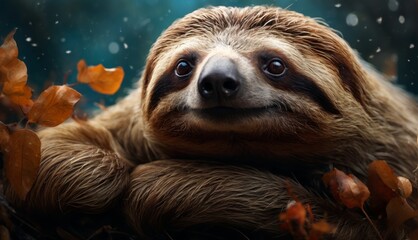  a close up of a sloth laying on top of a pile of leaves and looking up at the camera.
