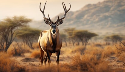  a large antelope standing in the middle of a dry grass field with trees and mountains in the background.