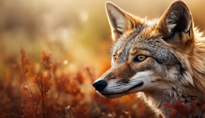  a close - up of a wolf's face in a field of tall grass and red flowers with a blurry background.