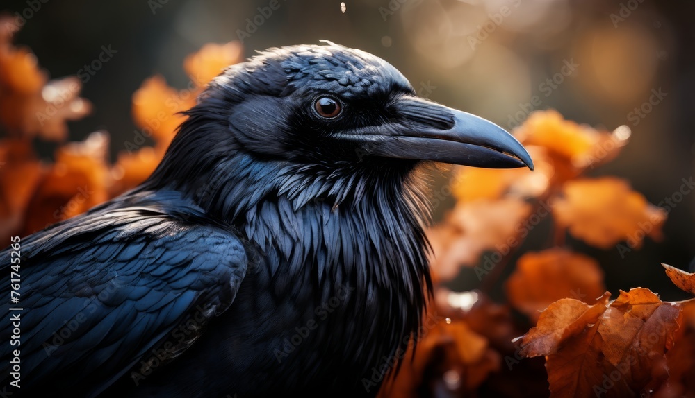 Wall mural  a close up of a black bird on a branch with leaves in the foreground and a blurry background.