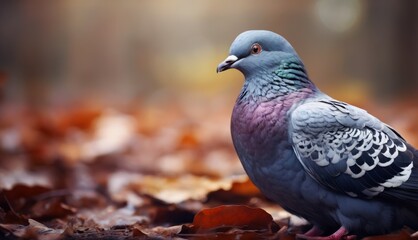  a close up of a bird on a bed of leaves with a blurry background of trees and bushes in the background.