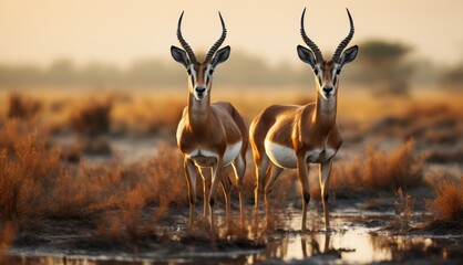  a couple of antelope standing next to each other on a dry grass covered field in front of a body of water.