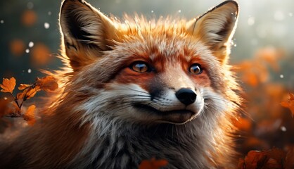  a close up of a fox's face with autumn leaves in the foreground and a blurry background.