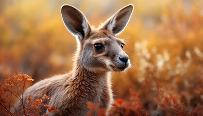  a close up of a small kangaroo in a field of grass and bushes with a blurry background of trees and bushes.