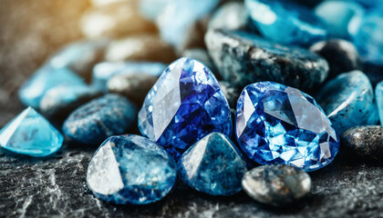 Pile of beautiful blue Sapphire stones. Natural expensive gems. - obrazy, fototapety, plakaty