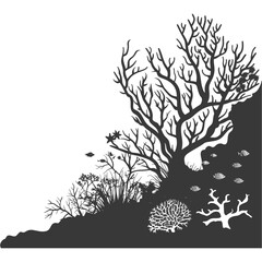 Fototapeta premium Silhouette Amazing Ocean View Coral Reef Seascape Black Color Only