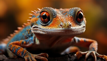  a close up of a lizard's face with orange and blue stripes on it's body and head.