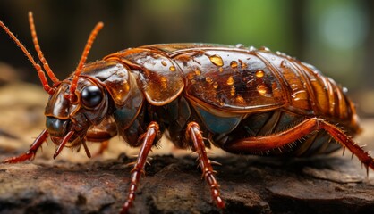  a close up of a cockroach on a piece of wood with water droplets on it's body. - obrazy, fototapety, plakaty