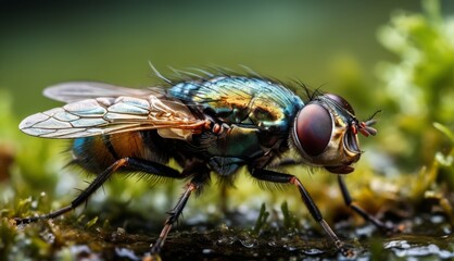  a close up of a fly sitting on a patch of grass with drops of water on it's wings.