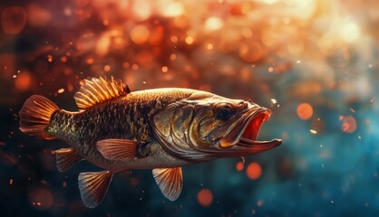  a fish with it's mouth open and it's mouth wide open in front of a blurry background. - obrazy, fototapety, plakaty