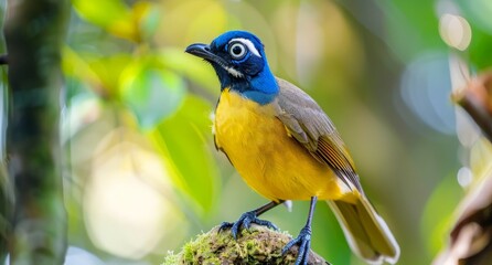 Fototapeta premium A blue and yellow bird perched on a tree branch in a natural setting.