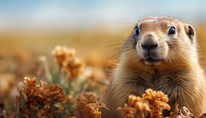  a close up of a groundhog in a field of flowers with a blurry sky in the back ground.
