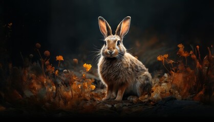  a digital painting of a rabbit sitting in the middle of a field of wildflowers in front of a dark background.