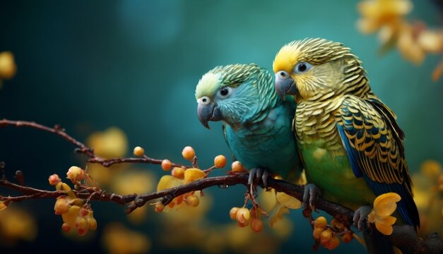  two green and yellow birds sitting on a branch of a tree with yellow flowers in front of a dark blue background.