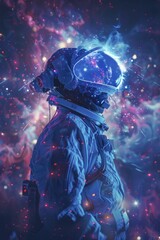 Obraz premium Exploring new worlds with an astronaut avatar in a neon blue cosmos through virtual reality space exploration.