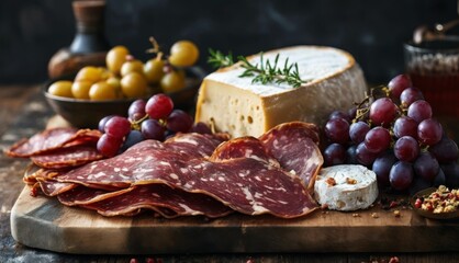  a variety of meats and cheeses on a cutting board with grapes, grapes, cheese, and crackers.