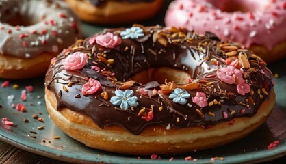 a close up of a plate of doughnuts with chocolate frosting and sprinkles on them.