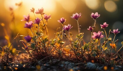  a group of pink flowers growing out of a patch of dirt with the sun shining through the trees in the background.
