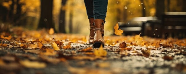 Warm autumn woman's walking motion is captured among fallen leave - obrazy, fototapety, plakaty