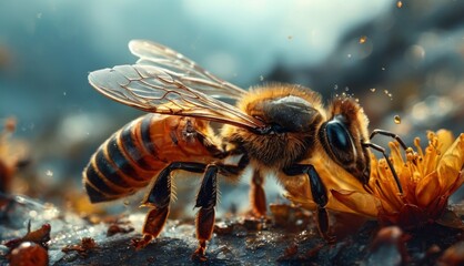  a close up of a bee on a flower with water droplets on it's wings and a blurry background. - obrazy, fototapety, plakaty