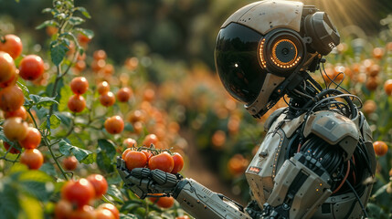 humanoid robot checking and harvesting tomatoes