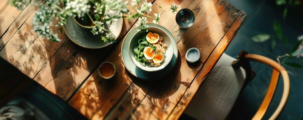 Overhead view of food served in bowl on table