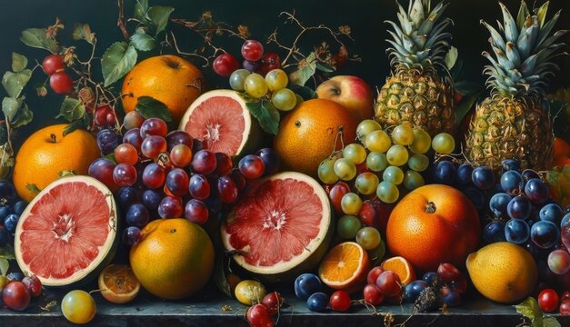  a painting of fruit on a table with pineapples, grapefruits, oranges, and grapes.
