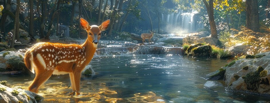 a tropical stream as Sika deer wander along its banks, inviting you to witness the harmony of wildlife and nature in realistic detail.